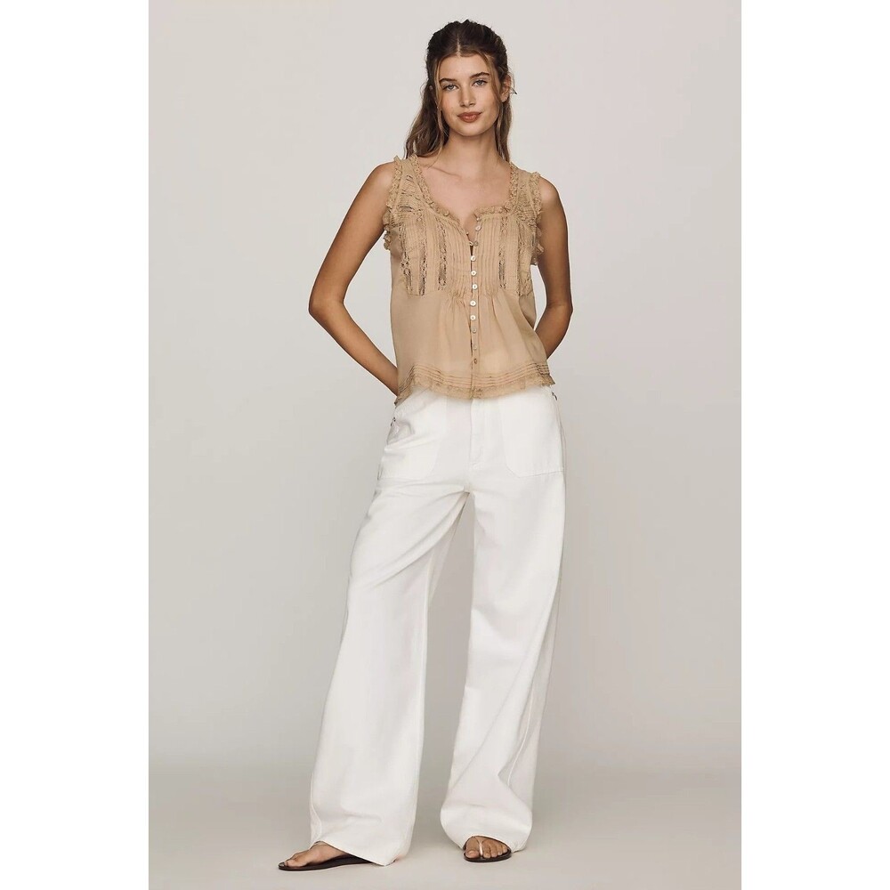 By Anthropologie 100% Cotton Lace Ruffle Tank Top Buttondown Sleeveless S 291387 - Picture 2 of 10